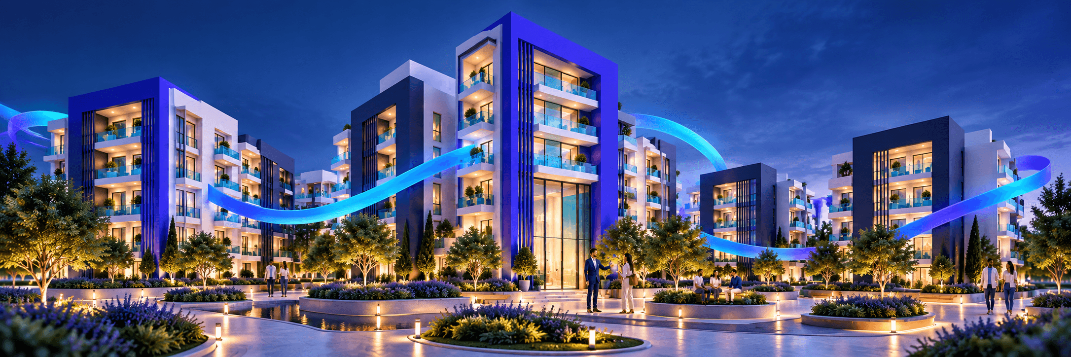 Modern residential buildings and landscaped communal spaces connected by a glowing blue ribbon at dusk
